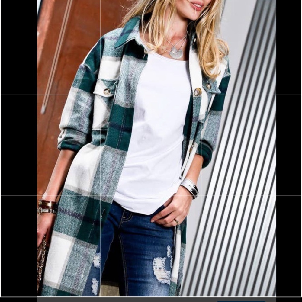 Oversized Plaid Shacket Flap Pockets Long Shirt Jacket